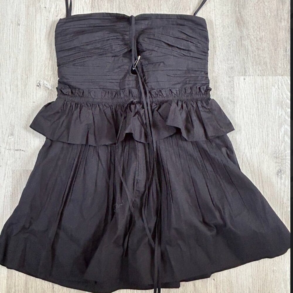 Ulla Johnson Black Ruched Mini Dress with Ruffle Waist